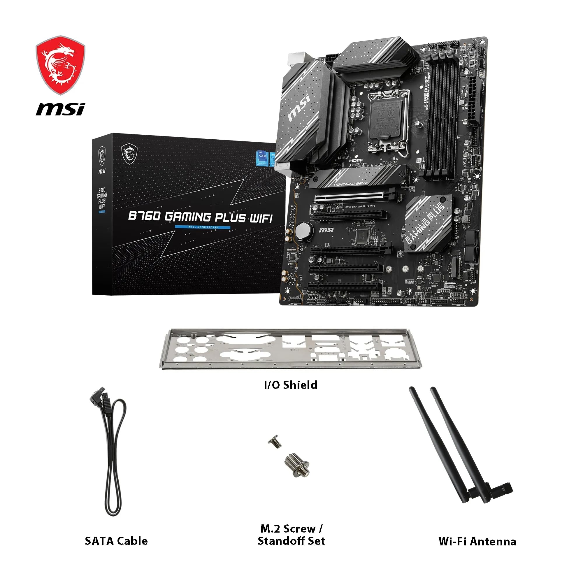 MSI B760 GAMING PLUS WIFI DDR4 Motherboard, ATX - Supports Intel 14th, 13th & 12th Gen Core Processors, LGA 1700 - DDR4 Memory Boost 5333+MHz/OC, 1x PCIe 4.0 x16, 2 x M.2 Gen4, 2.5G LAN, Wi-Fi 6E