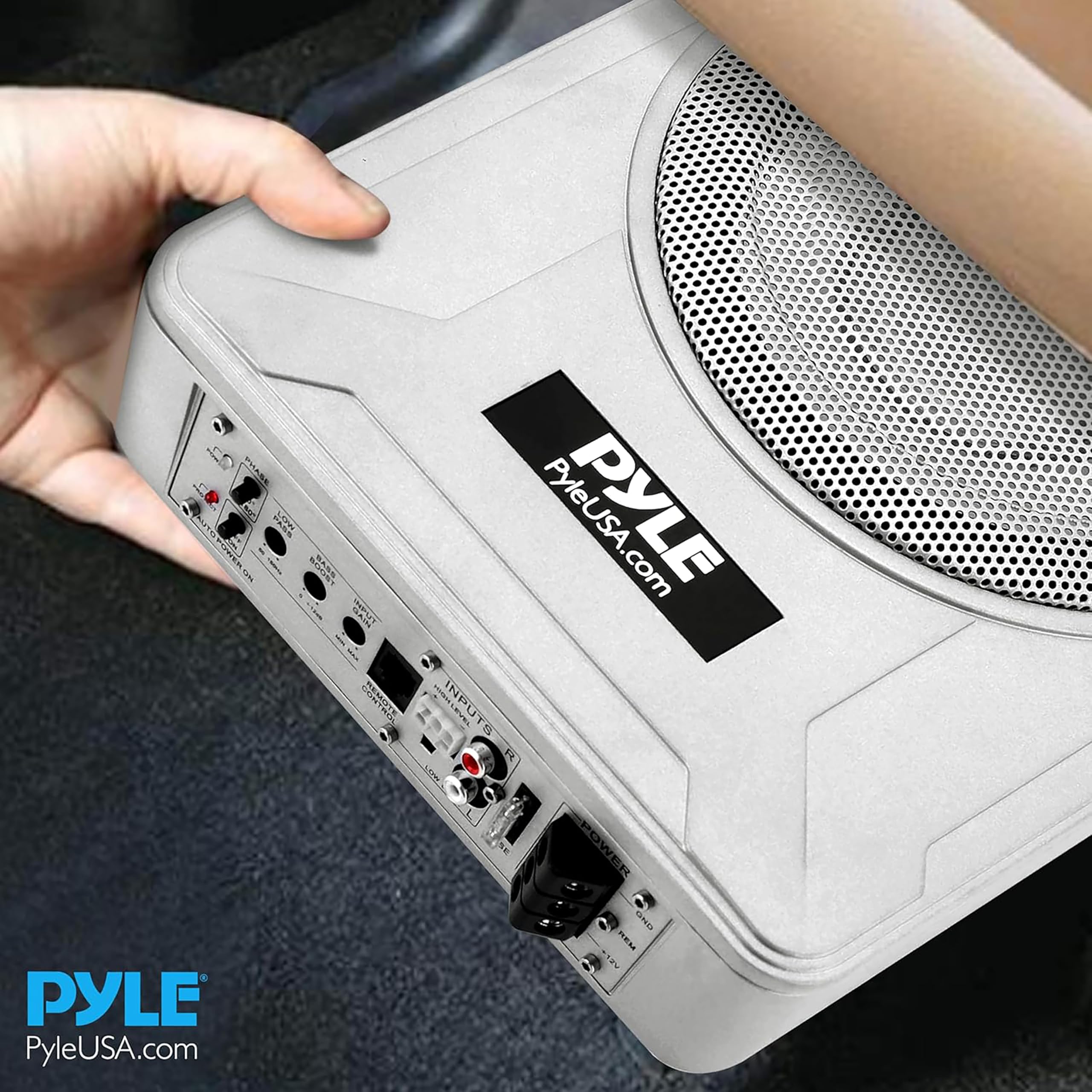 Pyle 8-Inch Low-Profile Amplified Subwoofer System - 600 Watt Compact Enclosed Active Marine Underseat Car Subwoofer with Built in Amp, Powered Car Subwoofer w/Low & High Level Inputs
