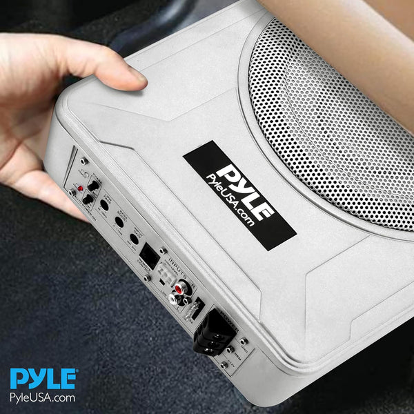 Pyle 8-Inch Low-Profile Amplified Subwoofer System - 600 Watt Compact Enclosed Active Marine Underseat Car Subwoofer with Built in Amp, Powered Car Subwoofer w/Low & High Level Inputs