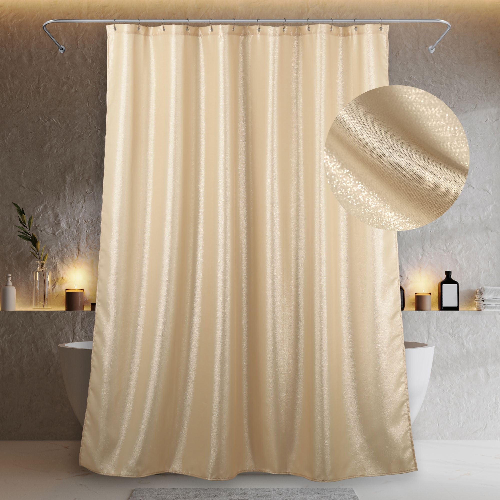 Champagne Long Shower Curtains: Gold Sparkle Bling Shiny Metallic Shimmer Shower Curtain for Bathroom - Anti Mould Water Repellent Washable Polyester