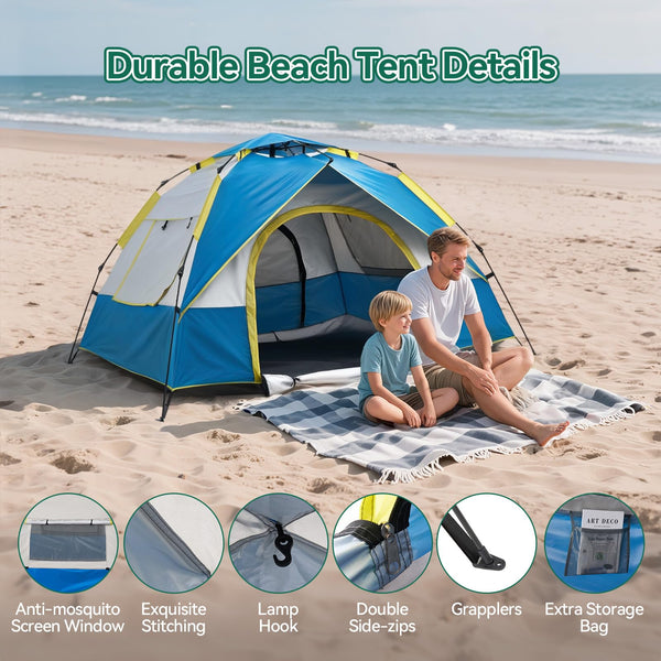 Warmiehomy Camping Tent, 3-4 Person Pop up Tent, Automatic Waterproof Dome Tent with 2 Mesh Doors, 2 Mesh Windows, Roof Skylights, Outdoor Camping Tents for Garden Fishing Picnic