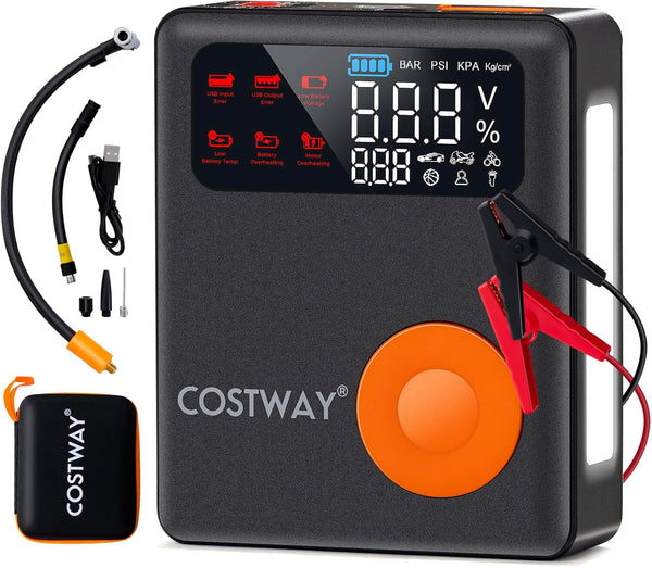 COSTWAY 5-in-1 Jump Starter with Air Compressor, 2000A Peak 13000mAh 12V Car Battery Booster Jump Starter (up to 8.0L Gas or 5.0L Diesel Engine), Powerbank Charger with Jump Leads, LED Flashlight