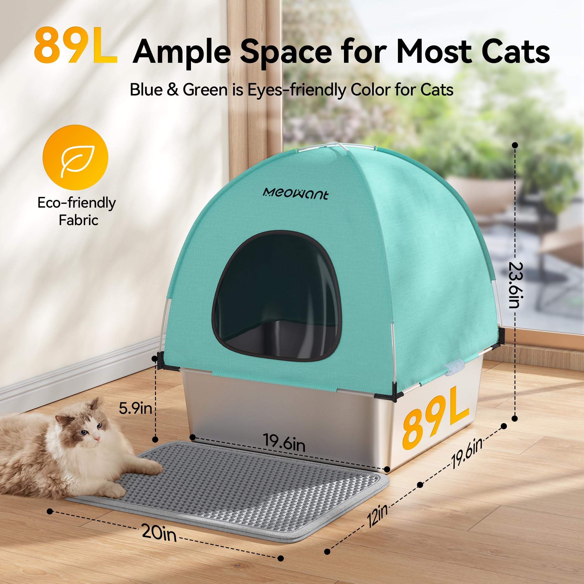 MeoWant Cat Litter Box Stainless Steel, Enclosed Litter Pan for Big Cat with Cloth Cover Canopy, Never Absorbs Odor, Non Stick Surface, XXL Extra Large Litter Tray, Detachable, Easy Clean, White
