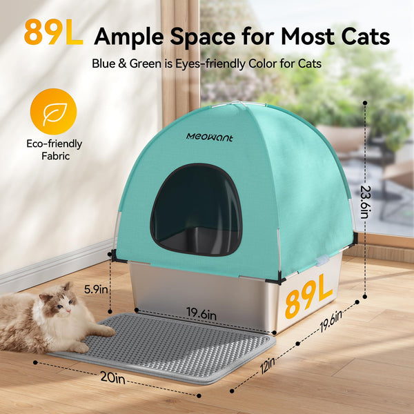 MeoWant Cat Litter Box Stainless Steel, Enclosed Litter Pan for Big Cat with Cloth Cover Canopy, Never Absorbs Odor, Non Stick Surface, XXL Extra Large Litter Tray, Detachable, Easy Clean, White