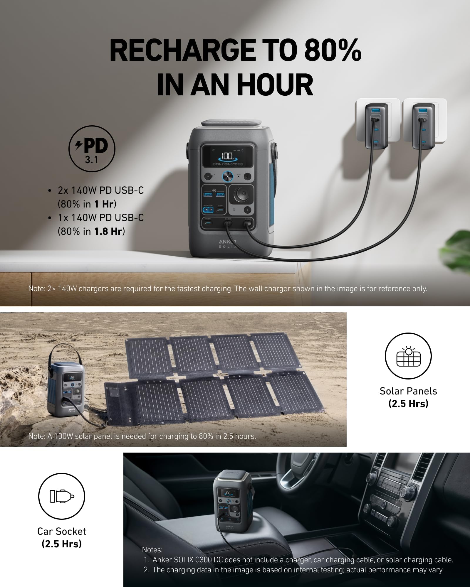 Anker SOLIX C300 Portable Power Station, Outdoor 288Wh LiFePO4 Battery, 300W (600W Surge) Solar Generator, 140W Two-Way Fast Charging, For Camping, Traveling, and Emergencies