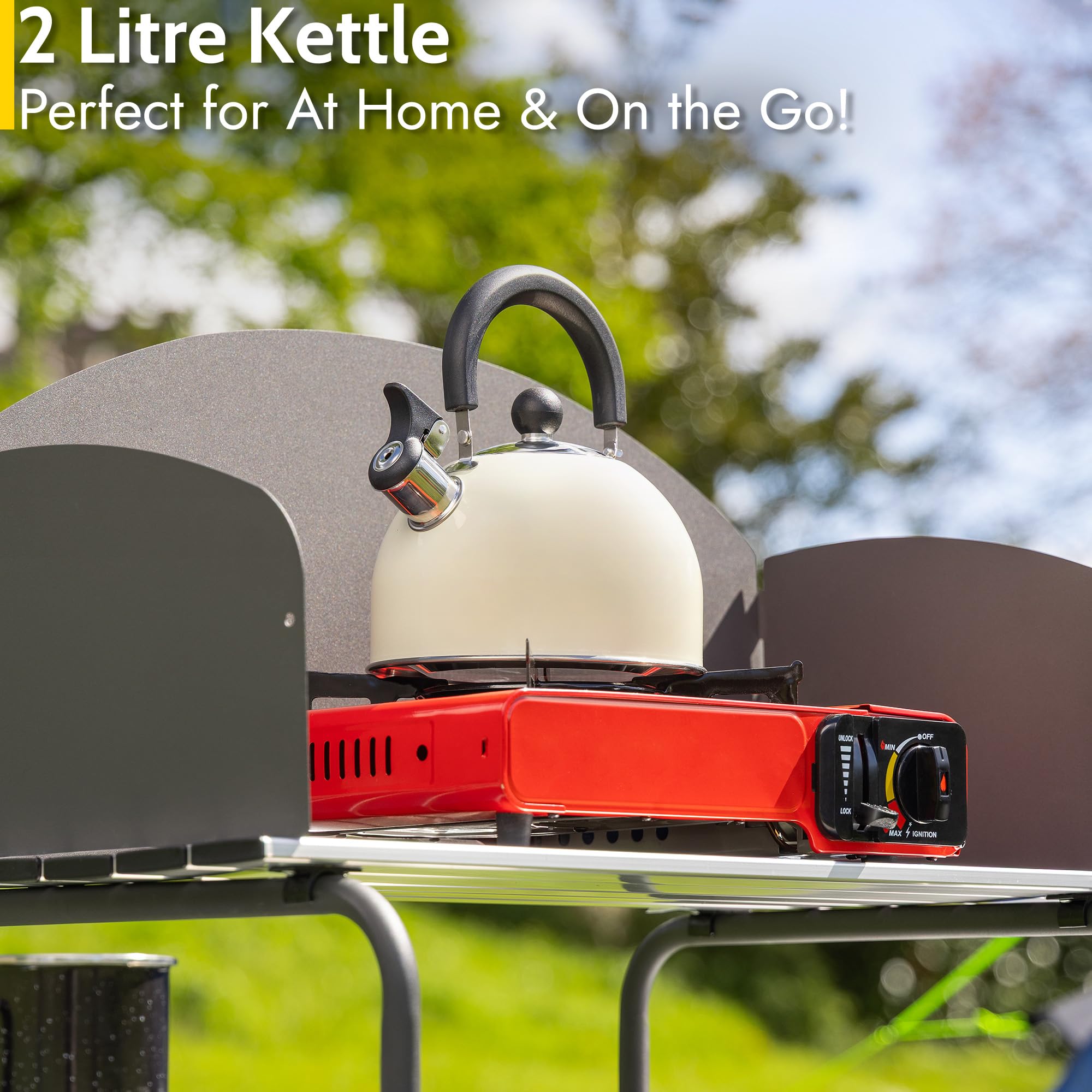 Trail 2L Whistling Camping Kettle, Polished Stainless Steel, Durable & Lightweight, Easy Pour Spout, Folding Heat Resistant Handle, Fast Boil Travel Kettle, Outdoor Fishing Hiking, 15cm x 18cm, 0.42kg