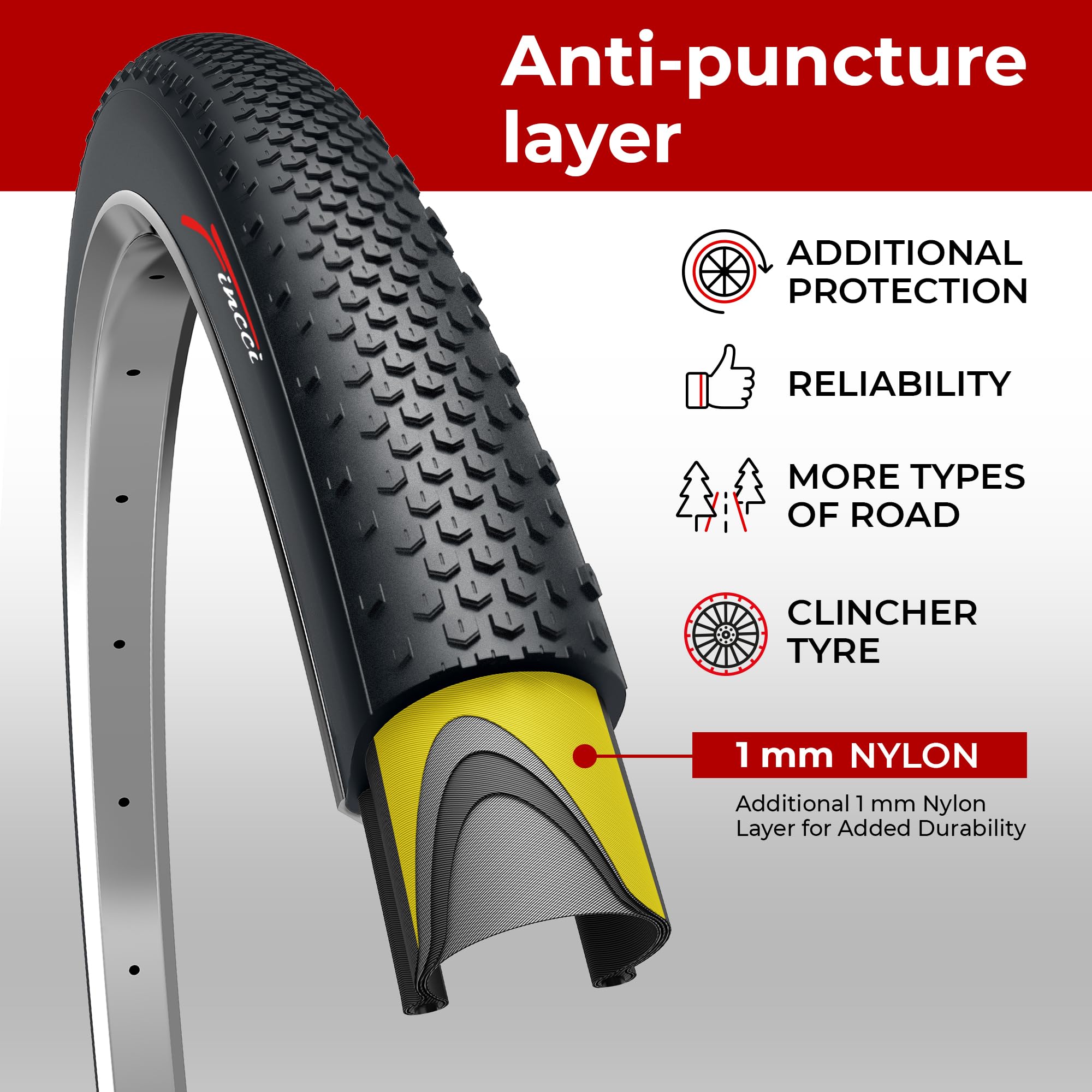 Fincci 700 x 38c Foldable Tyre 40-622 with 1mm Antipuncture Protection for Gravel Cycle Electric Cyclocross MTB Cross Hybrid Bike Bicycle