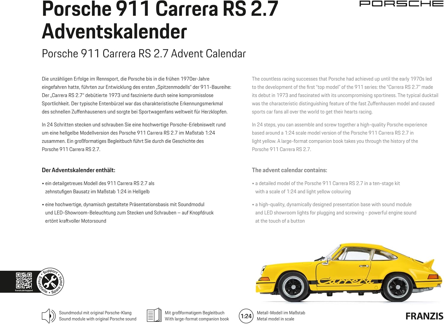 FRANZIS 67273 Porsche 911 Carrera RS 2.7 Advent Calendar Model Kit 1:24 Scale Including Sound Base and 52-Page Accompaniment Book