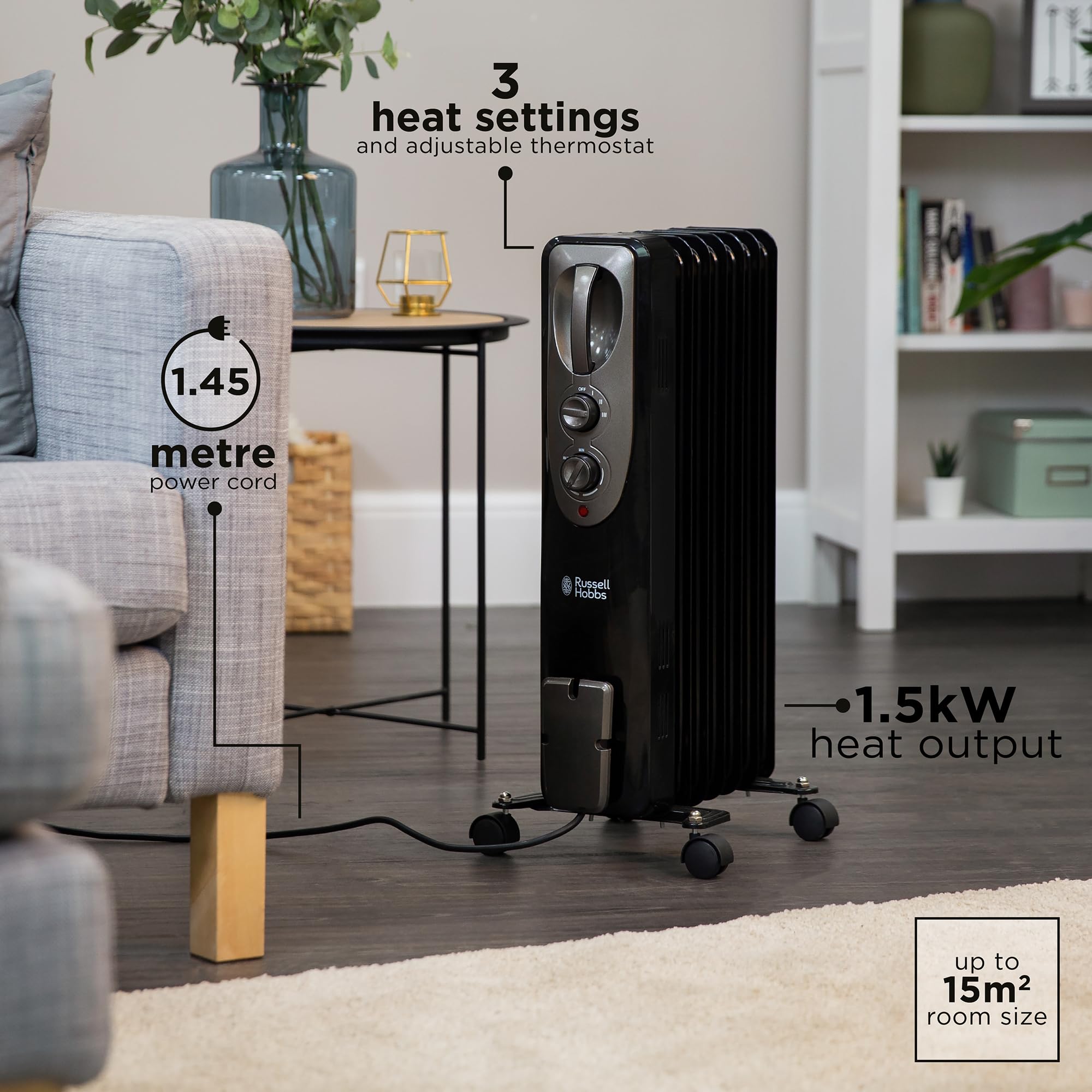 Russell Hobbs 1500W/1.5KW Oil Filled Radiator, 7 Fin Portable Electric Heater - White, Adjustable Thermostat with 3 Heat Settings, Safety Cut-off, 15 m sq Room Size, RHOFR5001, 2 Year Guarantee