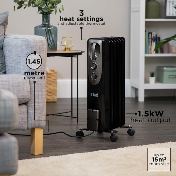 Russell Hobbs 1500W/1.5KW Oil Filled Radiator, 7 Fin Portable Electric Heater - White, Adjustable Thermostat with 3 Heat Settings, Safety Cut-off, 15 m sq Room Size, RHOFR5001, 2 Year Guarantee