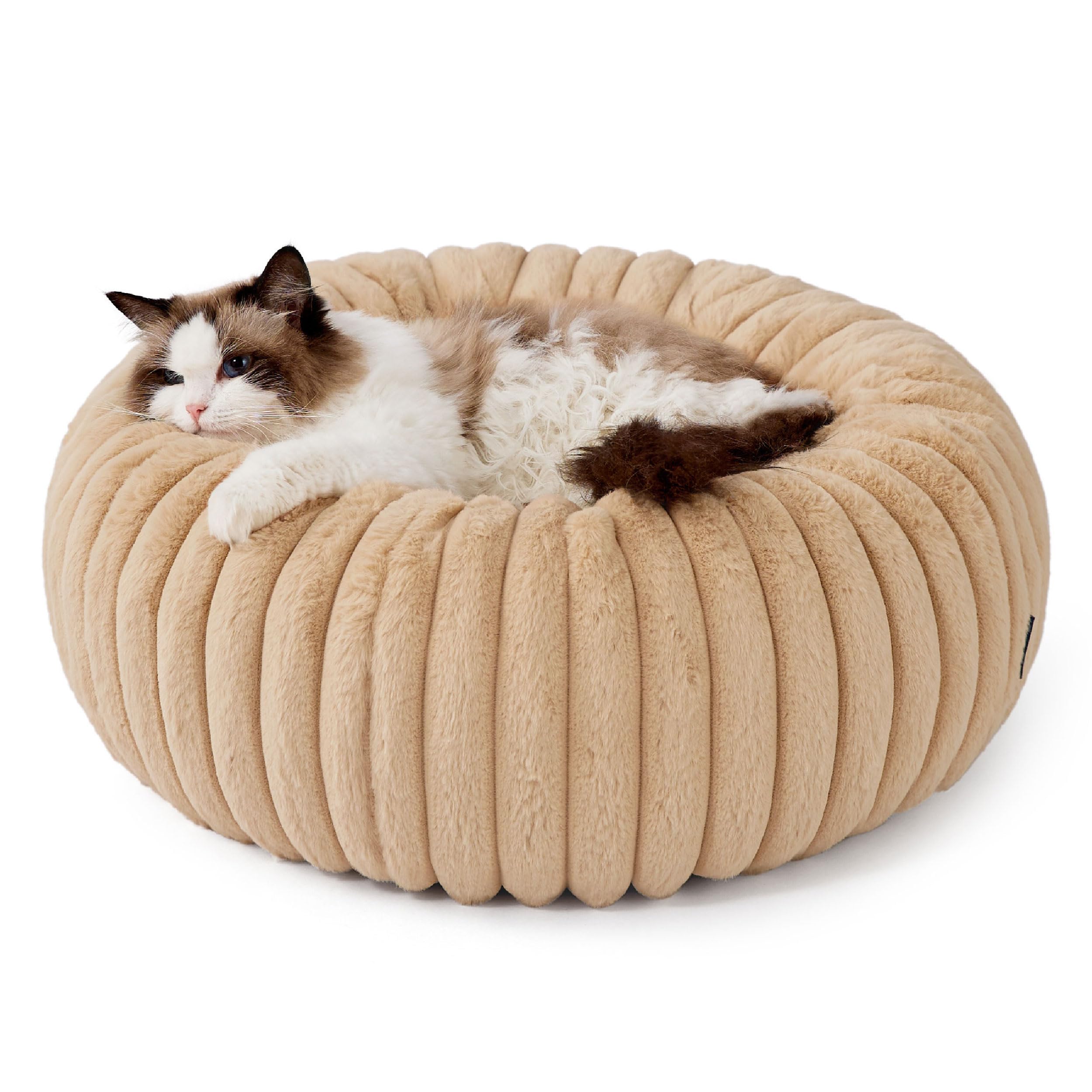Bedsure Cat Bed for Indoor Cats - 51x51x15 cm Fluffy Cat Donut Bed with Corduroy Fleece & Anti Slip Bottom, Puppy Kitten Beds Washable with Removable Cover, Dark Grey