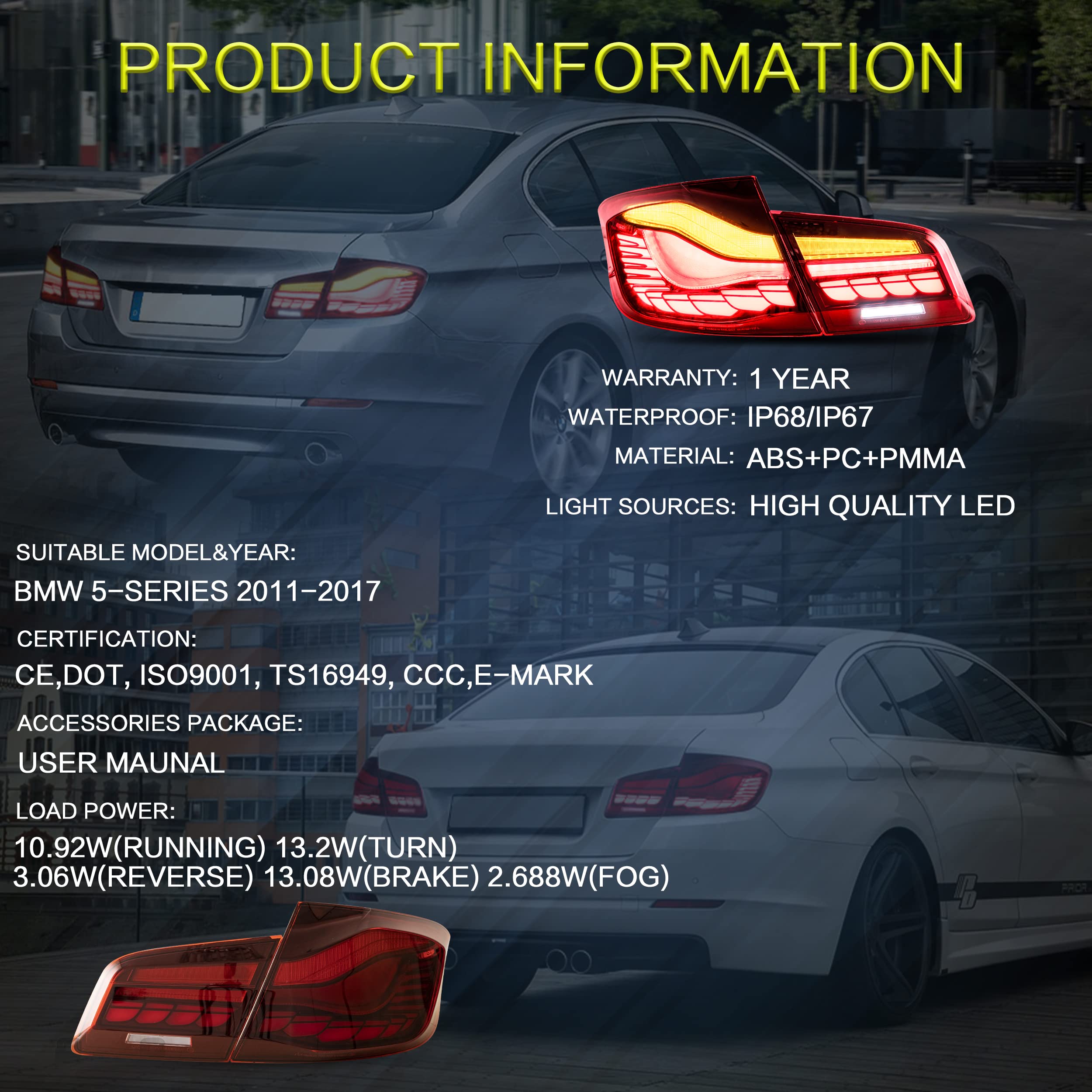 VLAND OLED Rear Lights Compatible with 2013-2018 BMW 3 Series F30 F35 F80 320i 328i 335i Sedan (Not for F31 F34), Tail Lights with Sequential Indicators, E-mark, Red