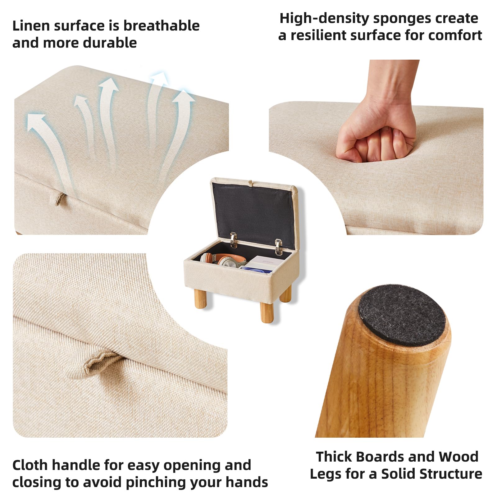 Aibiju Footstool with Storage, Small Ottoman Footstool, Fabric Footstool with Wooden Legs for Living Room Bedroom Entryway,Beige, YD-JD1361