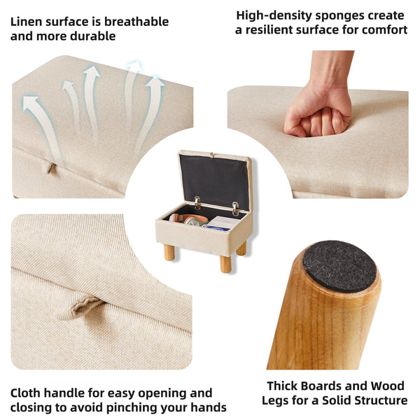 Aibiju Footstool with Storage, Small Ottoman Footstool, Fabric Footstool with Wooden Legs for Living Room Bedroom Entryway,Beige, YD-JD1361