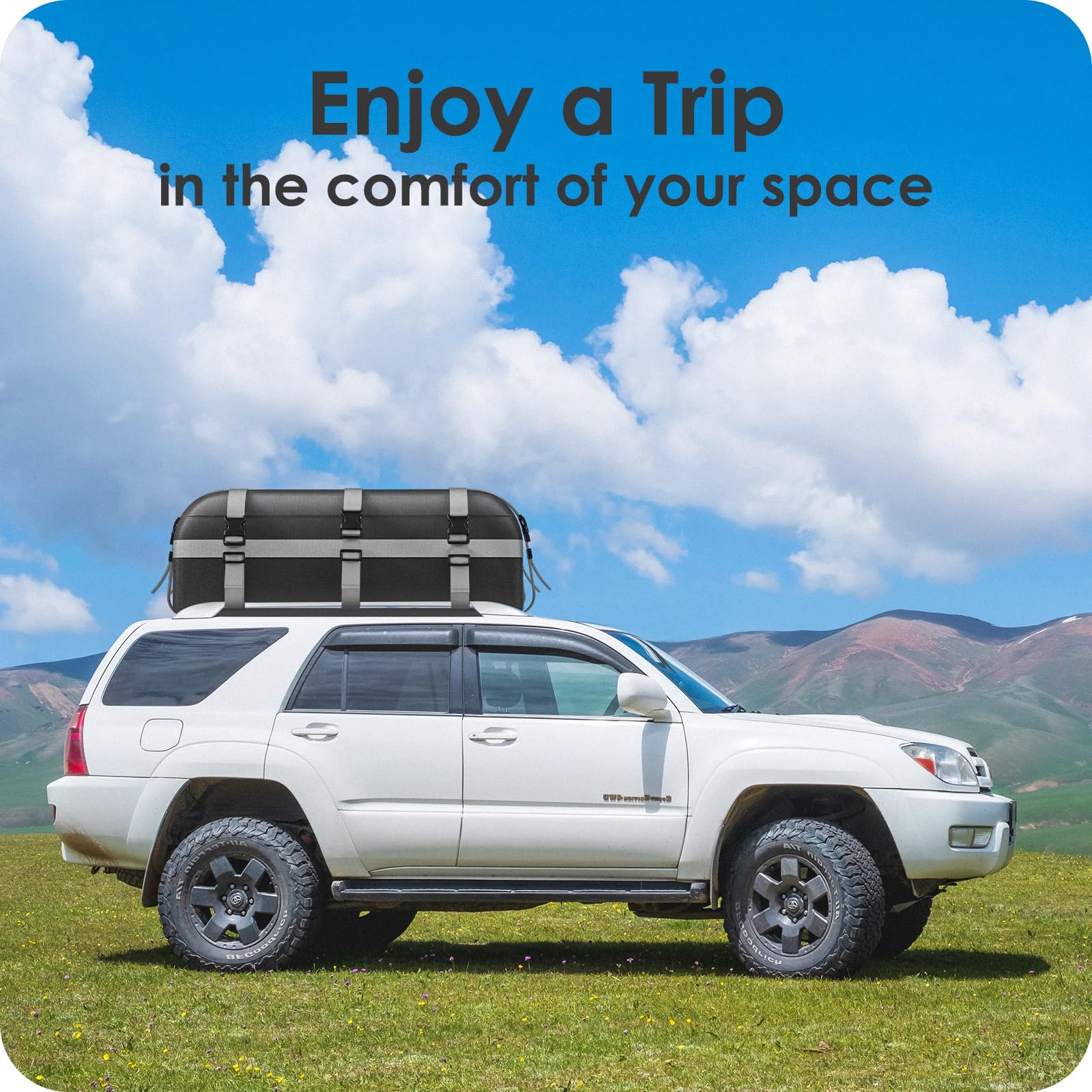 Rymopuey Roof Bag 15 Cubic/425 L, Waterproof Car Roof Bag No Rack Needed, Roof Box with Anti-Slip Mat and 6 Heavy-Duty Straps, Folding Soft Car Roof Box for Cars with/Without Rack (Blue 425 L)