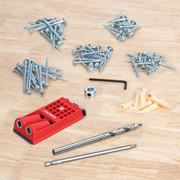 WORKPRO - Complete Pocket Hole Drilling Jig Kit - 125 Pieces - Jig Kit with 100 Self Tapping Screws and 20 Plugs - Woodworking Guide - Woodworking Oblique Hole Positioner