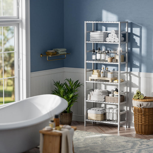 HITNET White Bookshelf, 6-Tier Adjustable Tall Bookcase, Bamboo Book Shelf Organizer, Free Standing Storage Shelving Unit, Display Flower Plant Stand