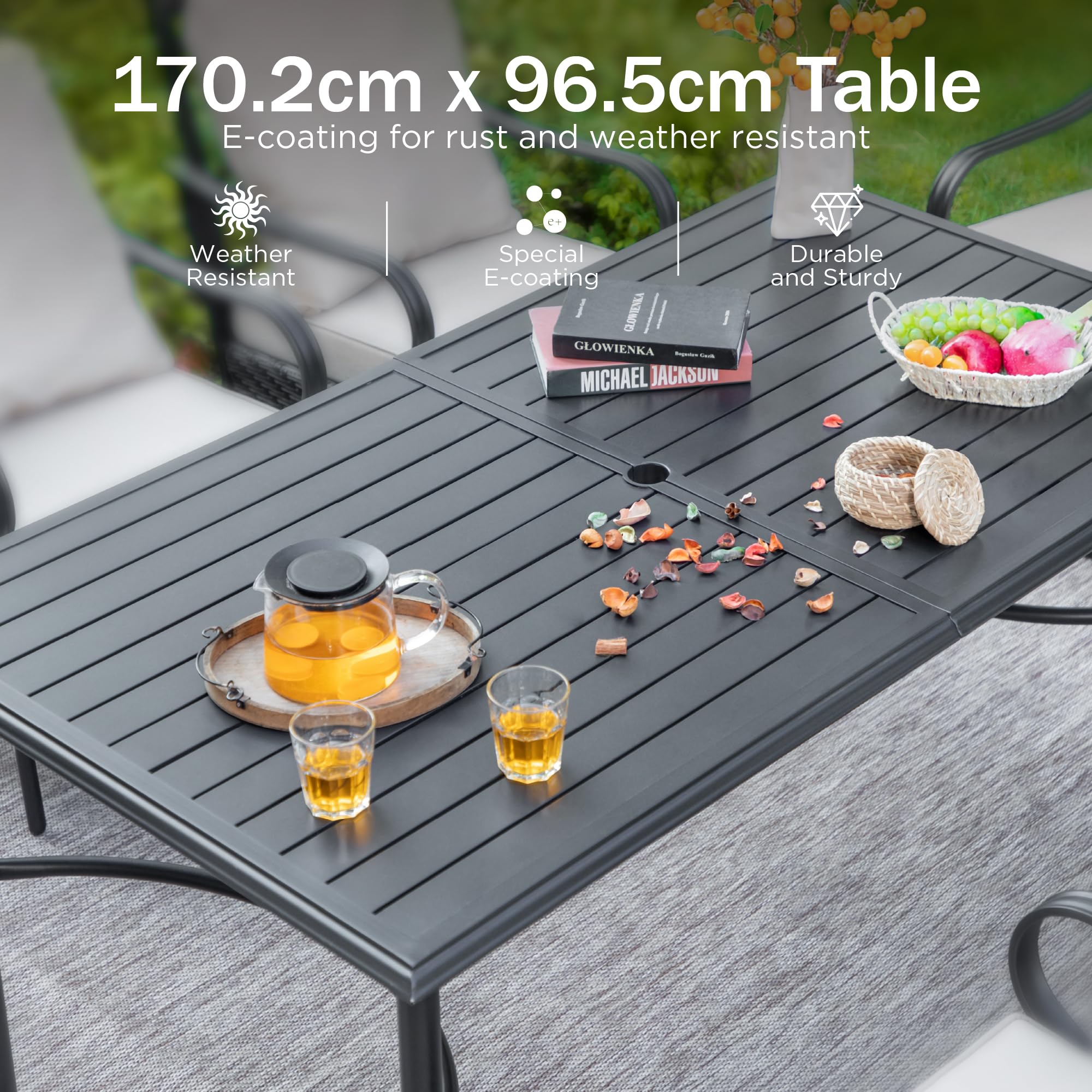 PHIVILLA Garden Table for 6 Person 150 * 90cm Patio Outdoor Table Rust Proof Steel Frame with 4 cm Parasol Hole Outdoor Furniture Garden Dining Table Maintenance Free Black