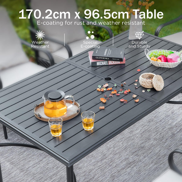 PHIVILLA Garden Table for 6 Person 150 * 90cm Patio Outdoor Table Rust Proof Steel Frame with 4 cm Parasol Hole Outdoor Furniture Garden Dining Table Maintenance Free Black