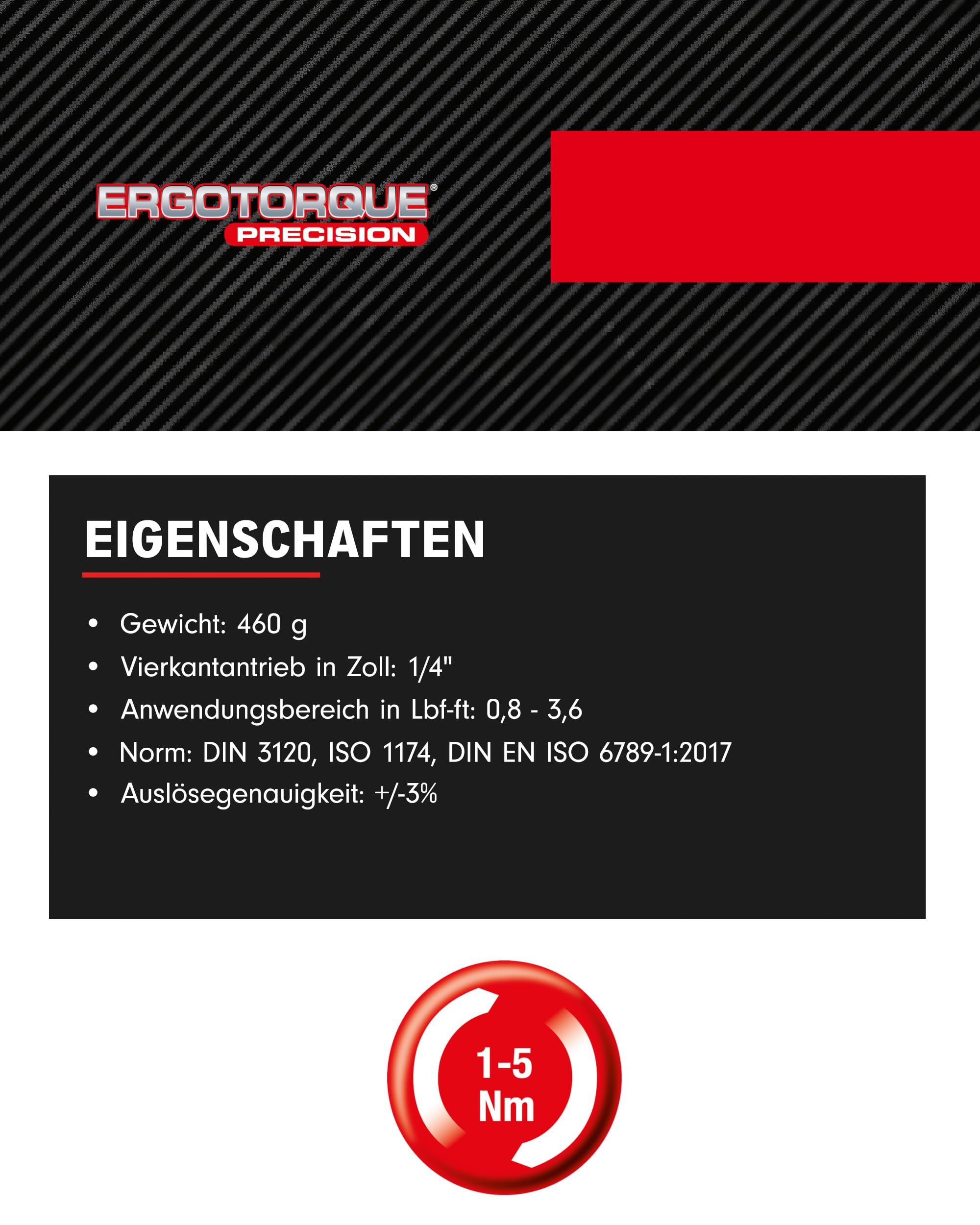 KS Tools Ergotorque® Precision 516.1402 Torque Wrench 1/4 Inch I 1-5 Nm I ± 3% Trigger Accuracy I Ratchet Torque Wrench Car Rotary Knob with Square Drive, Black/Red