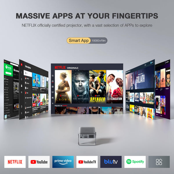 [Ultra-Thin & NetfIix Officially] Smart Mini Projector 4K, VISSPL Auto Focus & Keystone WiFi 6 & Bluetooth 27000 Lumen 1080P Full HD Portable Projector for Bedroom/Outdoor/Phone/iOS/Android