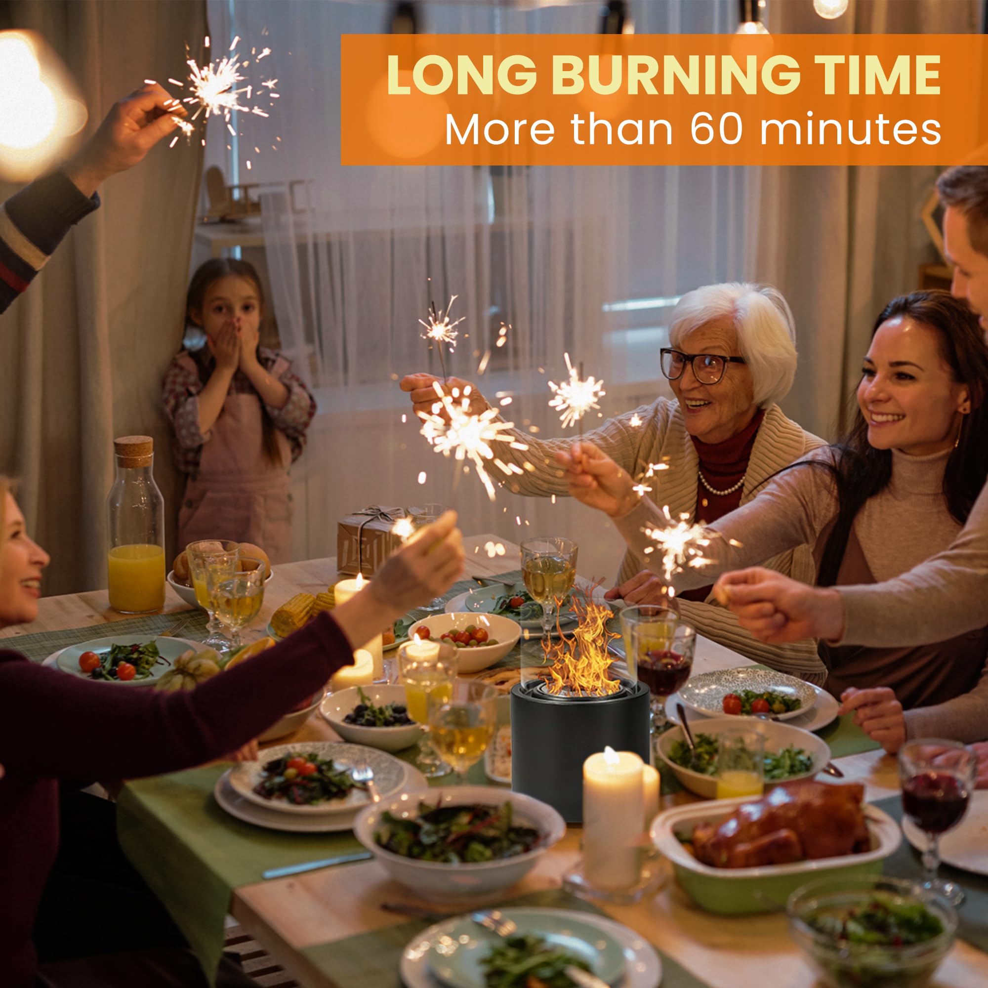 VOSSMOON Tabletop Fire Pit, Bioethanol Table Top Fire Bowl, Portable Round Fireplace indoor or Outdoor, Concrete Table Top Patio Heater Ethanol Burner with Tempered Glass for Potluck or Camping, Black