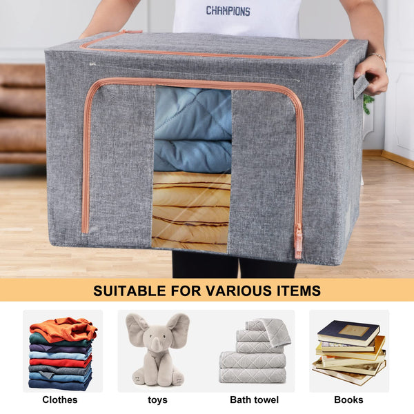 100L Clothes Storage Bag Metal Frame Fiberboard Bottom Thick Breathable Cotton Linen Protect from Moisture Dust Sturdy Handle Double Opening Zipper