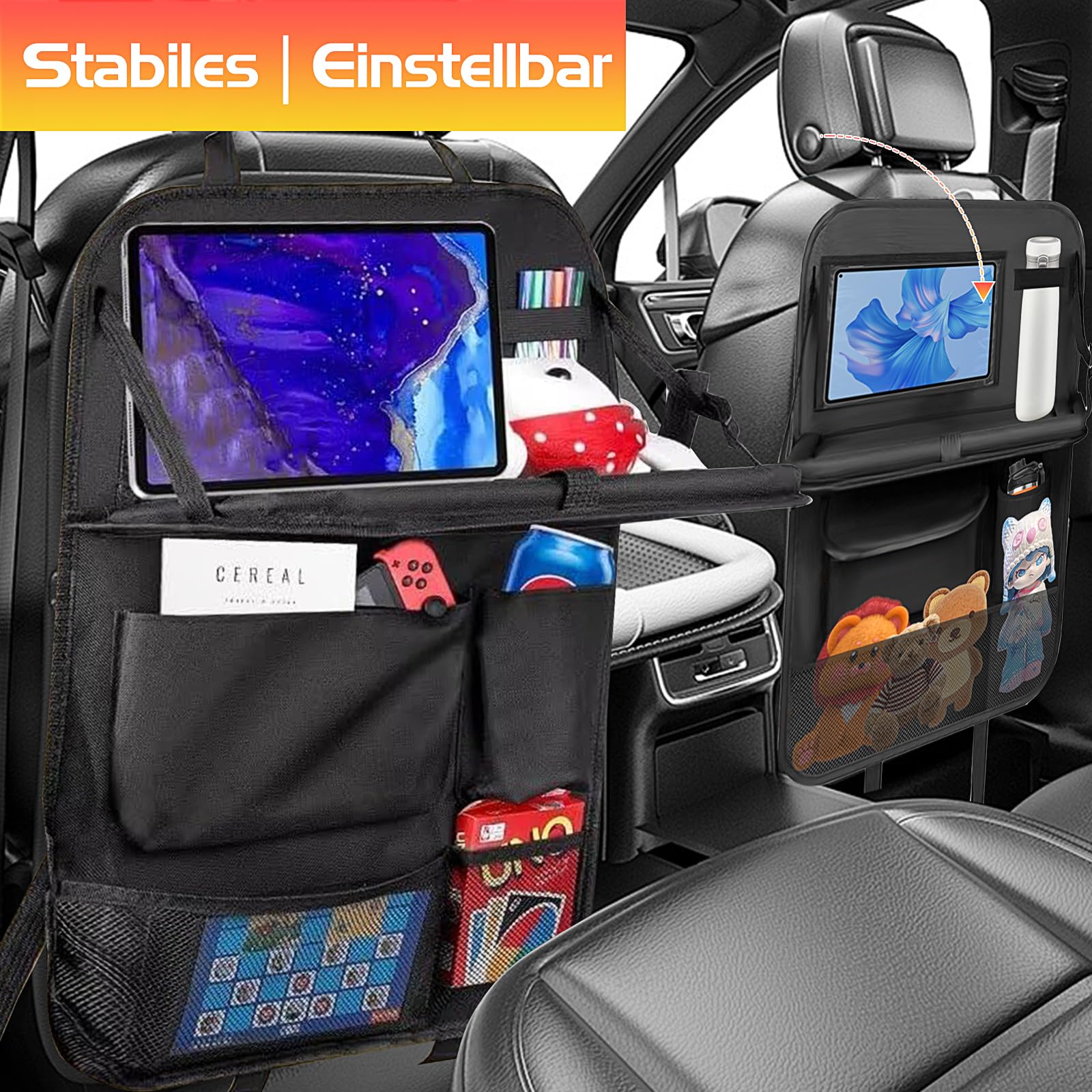 Resszo Car Organiser,Car Seat Organiser for Kids with Tablet Holder, Multifunctional WaterProof Back Seat Protector with 10.5 iPad Foldable Tray Table, 6 Pockets Toy Storage