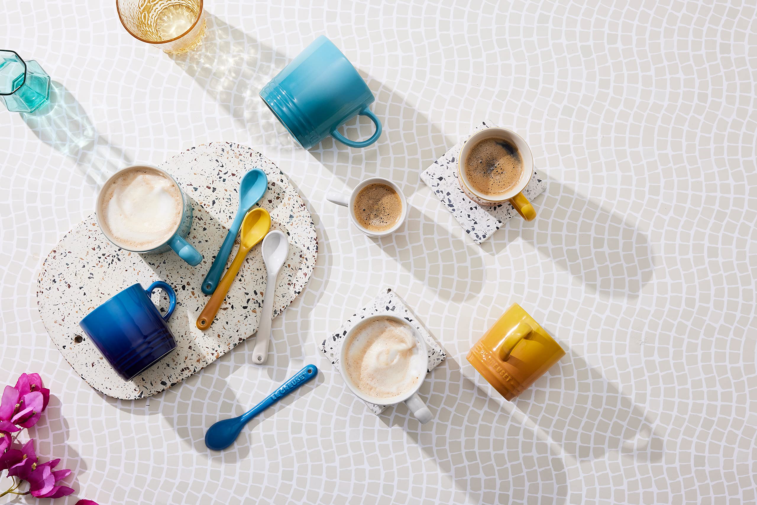 Le Creuset Stoneware Rainbow Coffee Mugs, 350 ml, Cerise, Volcanic, Teal, Ultra Violet, Soleil, Palm, 79114358359030