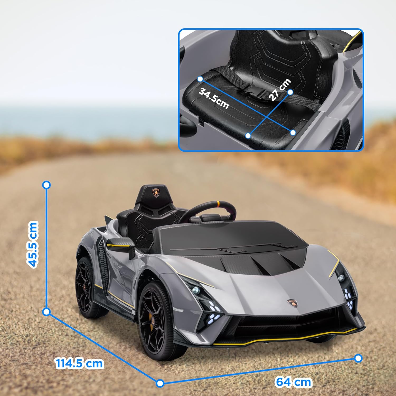AIYAPLAY 12V Lamborghini Autentica Licensed Kids Electric Car with Butterfly Doors, Ride on Car with Remote Control, 4 Suspension Wheels, Soft Start, LED Lights, Music, Horn, Grey