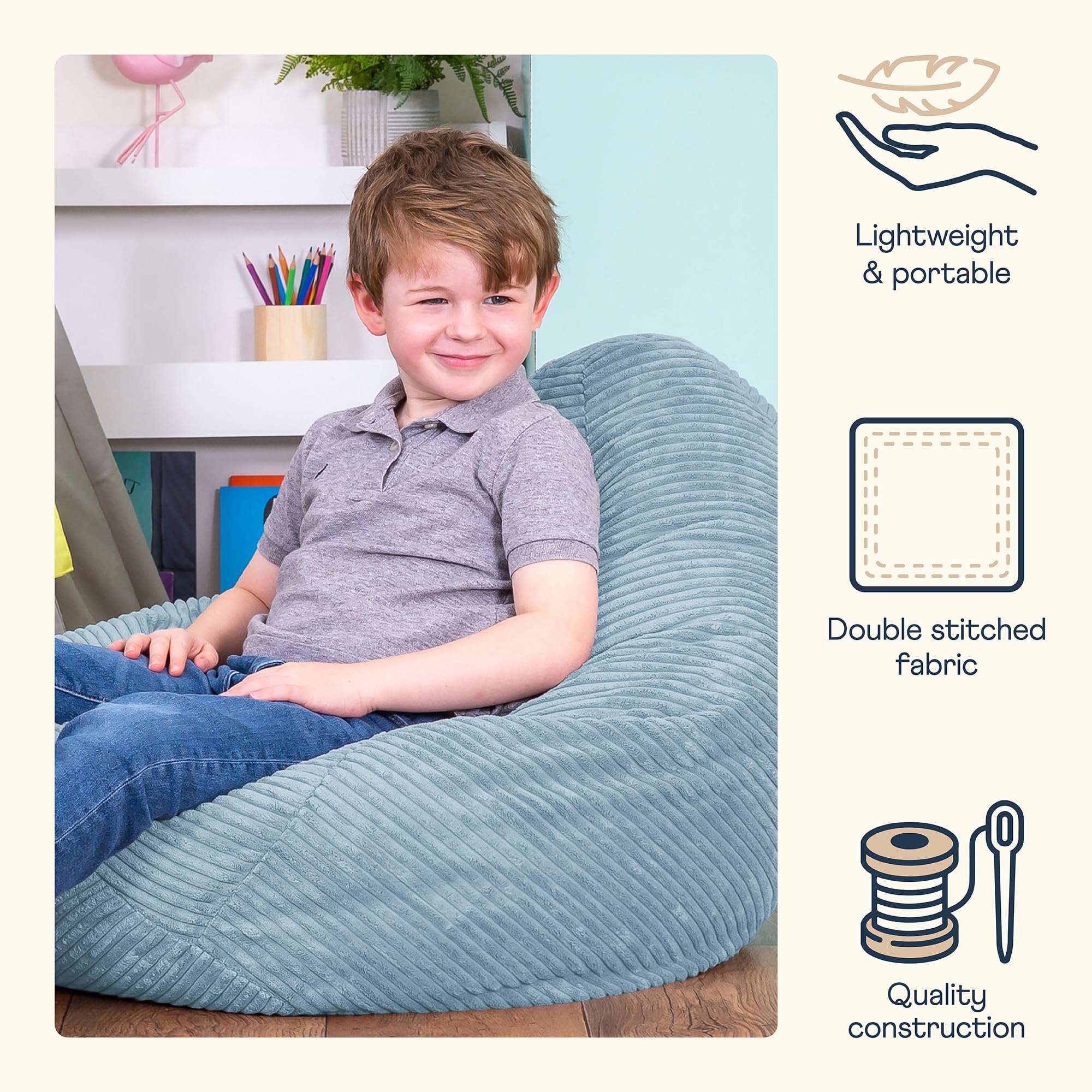 icon Dalton Kids Bean Bag, Light Blue, Cord Kids Bean Bag Chair with Filling Included for Girls and Boys, Childrens Chair, Beanbags for Children,