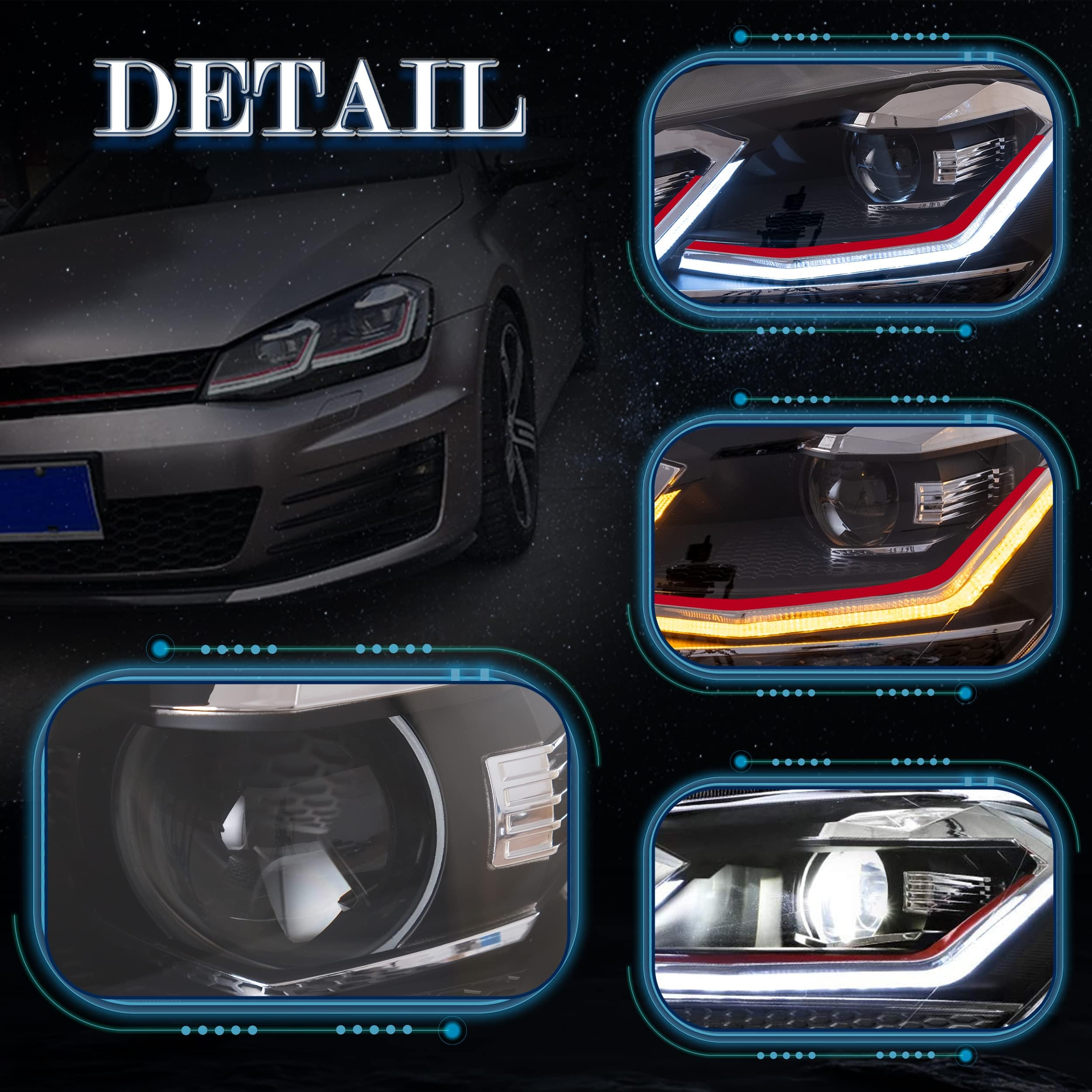 VLAND Headlights Compatible with Golf 7 MK7 TDI TSI 2013-2017, Front Lights with Sequential Indicator, Red Line Headlamps