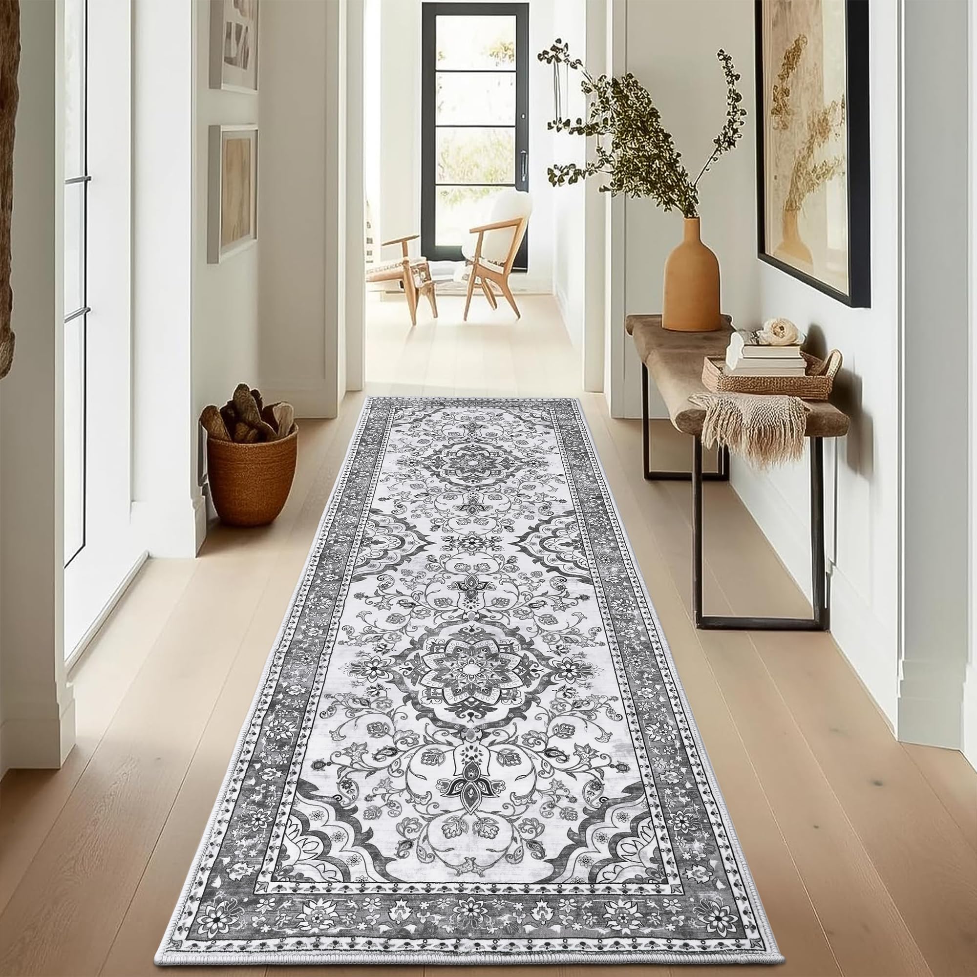 Enyhom Grey Machine Washable Carpet Runner, 80 x 200 cm Soft Touch Non Slip Hallway & Kitchen Floor Runner Mat