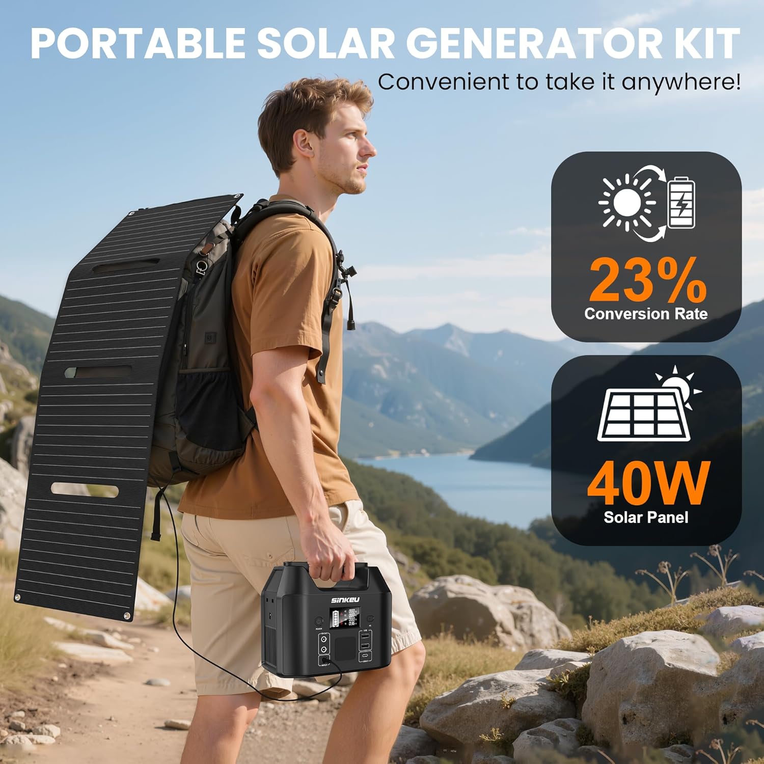 SinKeu 96Wh Portable Power Station with Solar Panel 40W, 30000mAh LiFePO4 Battery Solar Generator has 230V 150W AC Outlet/12V DC/USB, Backup Power for Camping Picnics Garden & Home Emergency