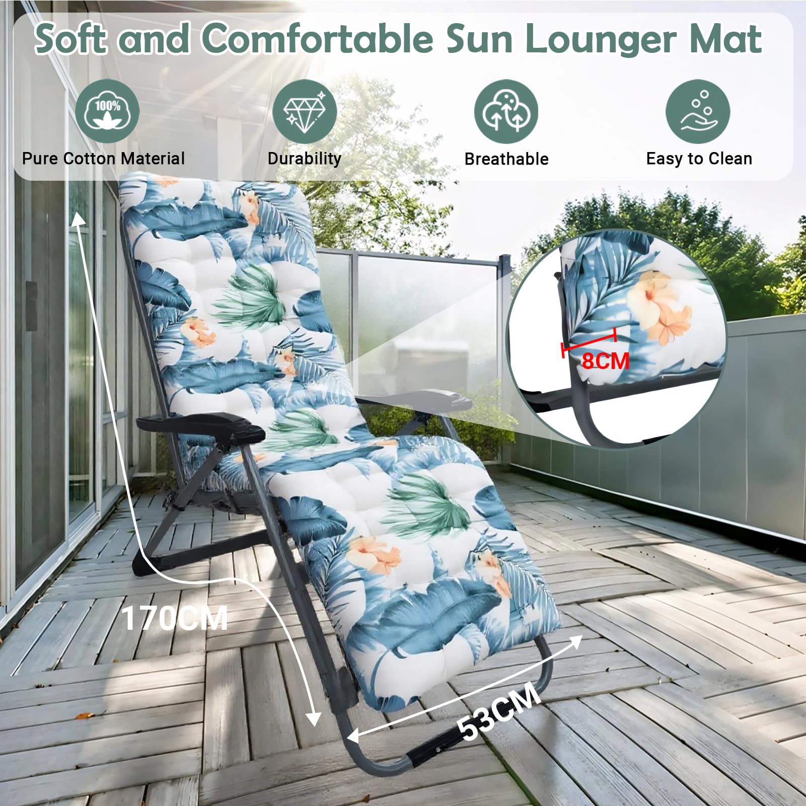High Back Sun Lounger Replacement Cushion: 170x53 cm Padded Soft Non Slip Ties Outdoor Indoor Use for Reclining Garden Chair Patio Beach Porch Furniture