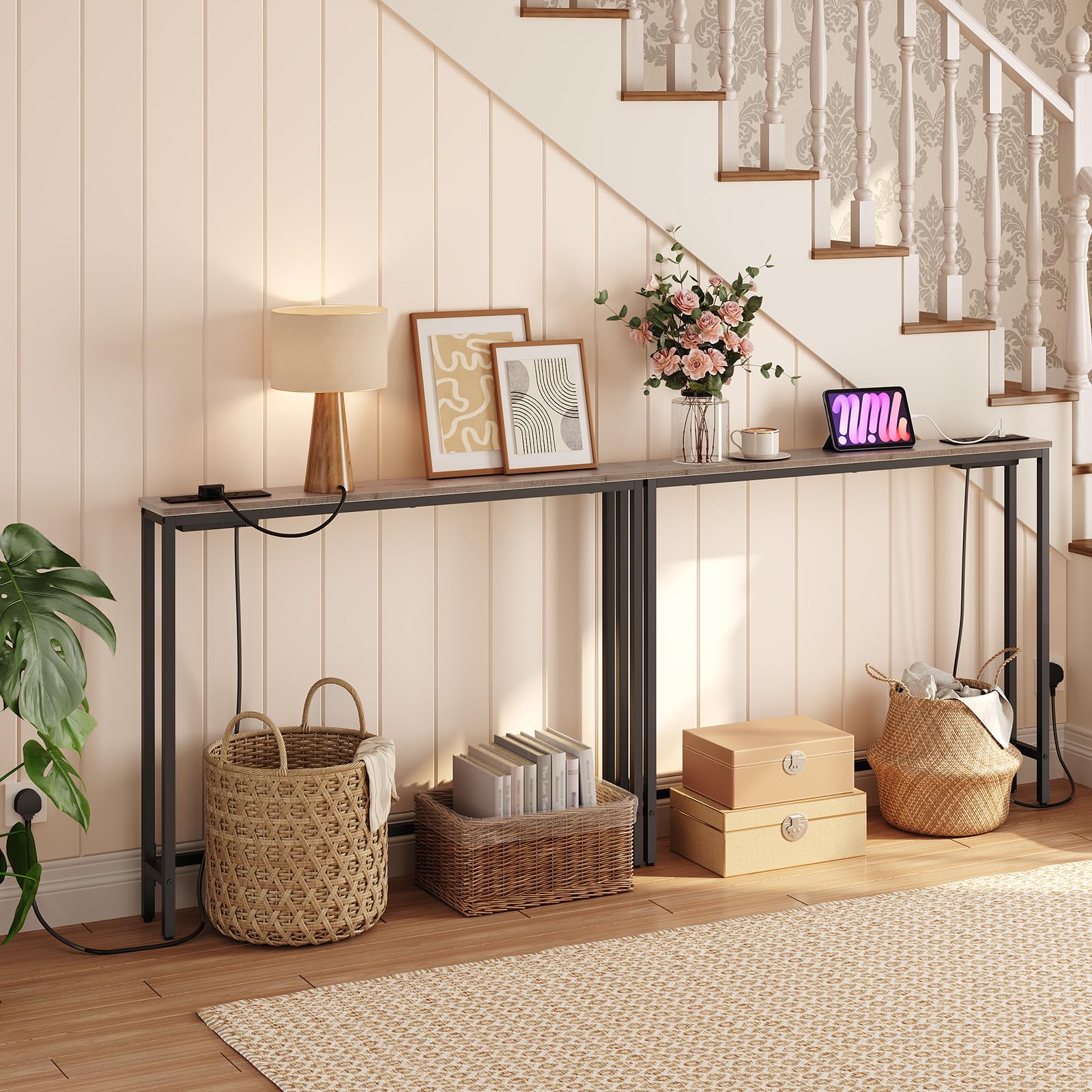 HOOBRO Slim Console Table with Charging Station, Narrow Behind Sofa Table with USB Ports and Power Outlets, 100 cm Long, Hallway Table for Entryway,
