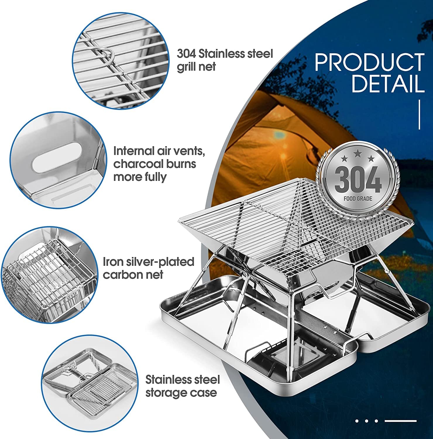 KAHEIGN Stainless Steel Fire Pit, Foldable BBQ Grill Rack Portable Campfire Pit Liftable Wood Burning Charcoal Grill for Camping Picnic Patio Backyard