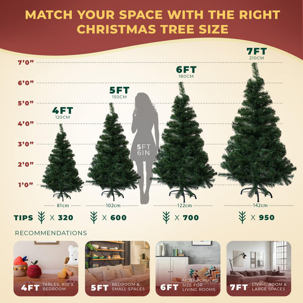Artificial Christmas Tree 6FT – 700 Tips Full & Realistic Green Xmas Tree with PVC Branches, Metal Stand – Easy Setup 6 Foot Christmas Tree for Living Rooms