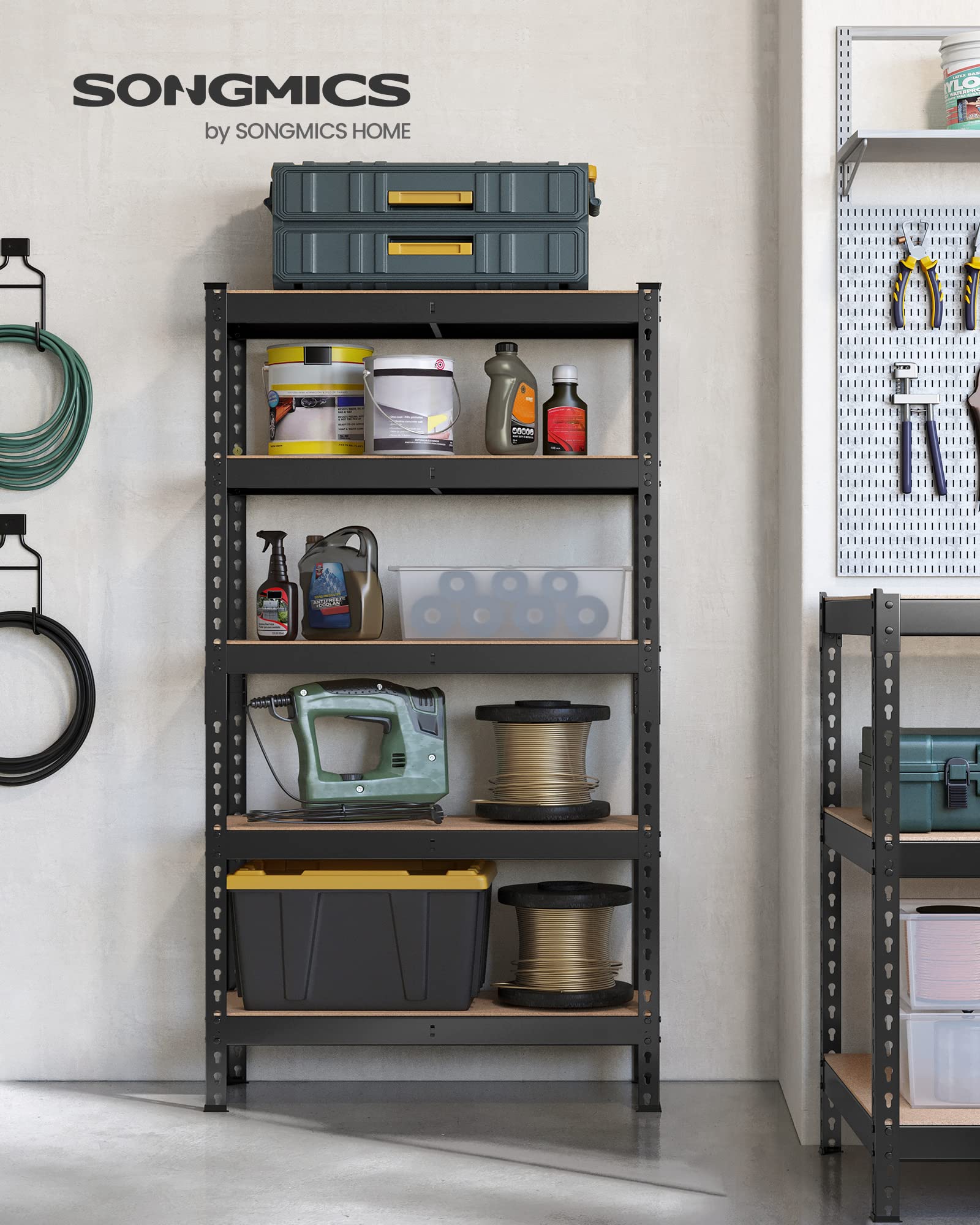 SONGMICS 5-Tier Shelving Unit, Storage Shelves, for Garage, Boltless Assembly, Adjustable Shelves, 30 x 75 x 150 cm, Load 875 kg, for Shed Warehouse Basement Kitchen, Black GLR300B01