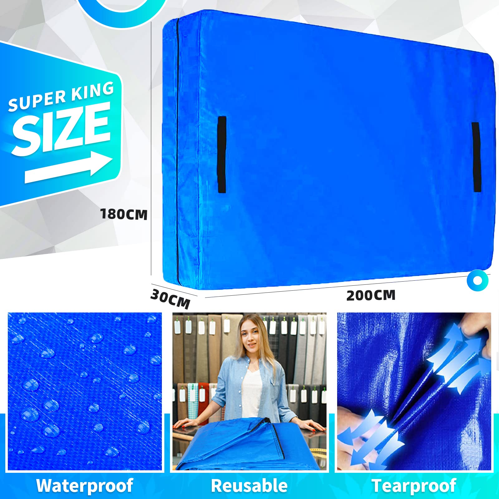 Aqiruk Mattress Cover for Moving and Storage - Super King Size - with Handles, Reusable Waterproof Extra Thick Moving Mattress Bags with Strong