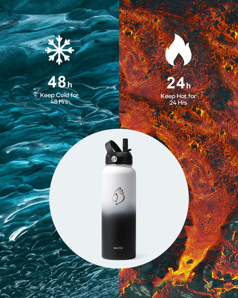 Stainless Steel Water Bottle 2L, BUZIO Vacuum Insulated Water Bottle with Straw Lid and Flex Cap Cold for 48 Hrs, Hot for 24 Hrs Double Wall Wide Mouth BPA Free Leak Proof, Black