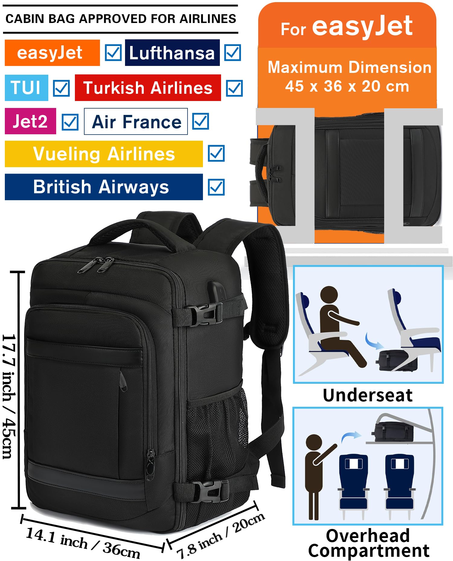 KLOSTAIN for Easyjet Cabin Bag 45x36x20 Travel Backpack Hand Luggage Carry-ons Bag Laptop Backpack Ruscksack for Airplanes Flight New Easyjet Underseat Cabin Bags Fit 14" Laptop Navy