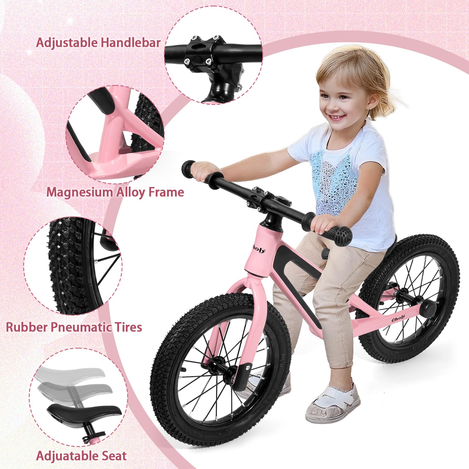 CHOLY 14 Inch Balance Bike for 3,4,5,6 Year Old Boys Girls, No Pedal Kids Bike with Adjustable Seat, Air Tires and Magnesium Alloy Frame, Lightweight Children's Traing Bicycle
