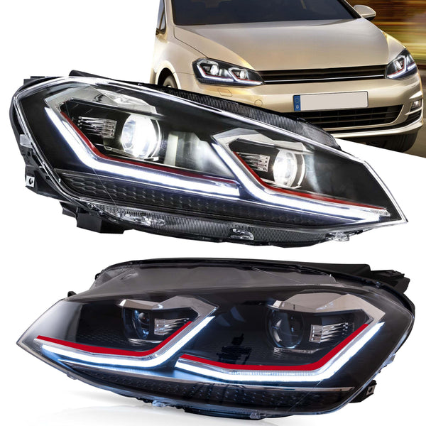 VLAND Headlights Compatible with Golf 7 MK7 TDI TSI 2013-2017, Front Lights with Sequential Indicator, Red Line Headlamps