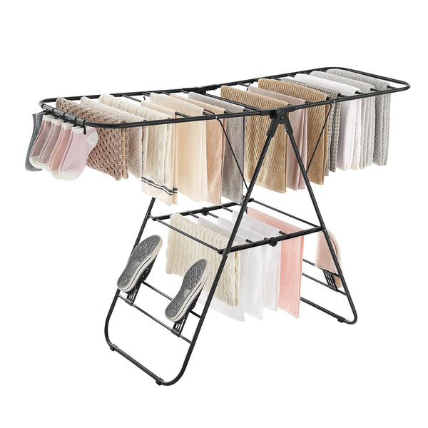 SONGMICS Clothes Airer, Foldable Clothes Drying Rack, Clothes Horse with Height-Adjustable Wings, Free-Standing Laundry Drying Rack, Indoor and