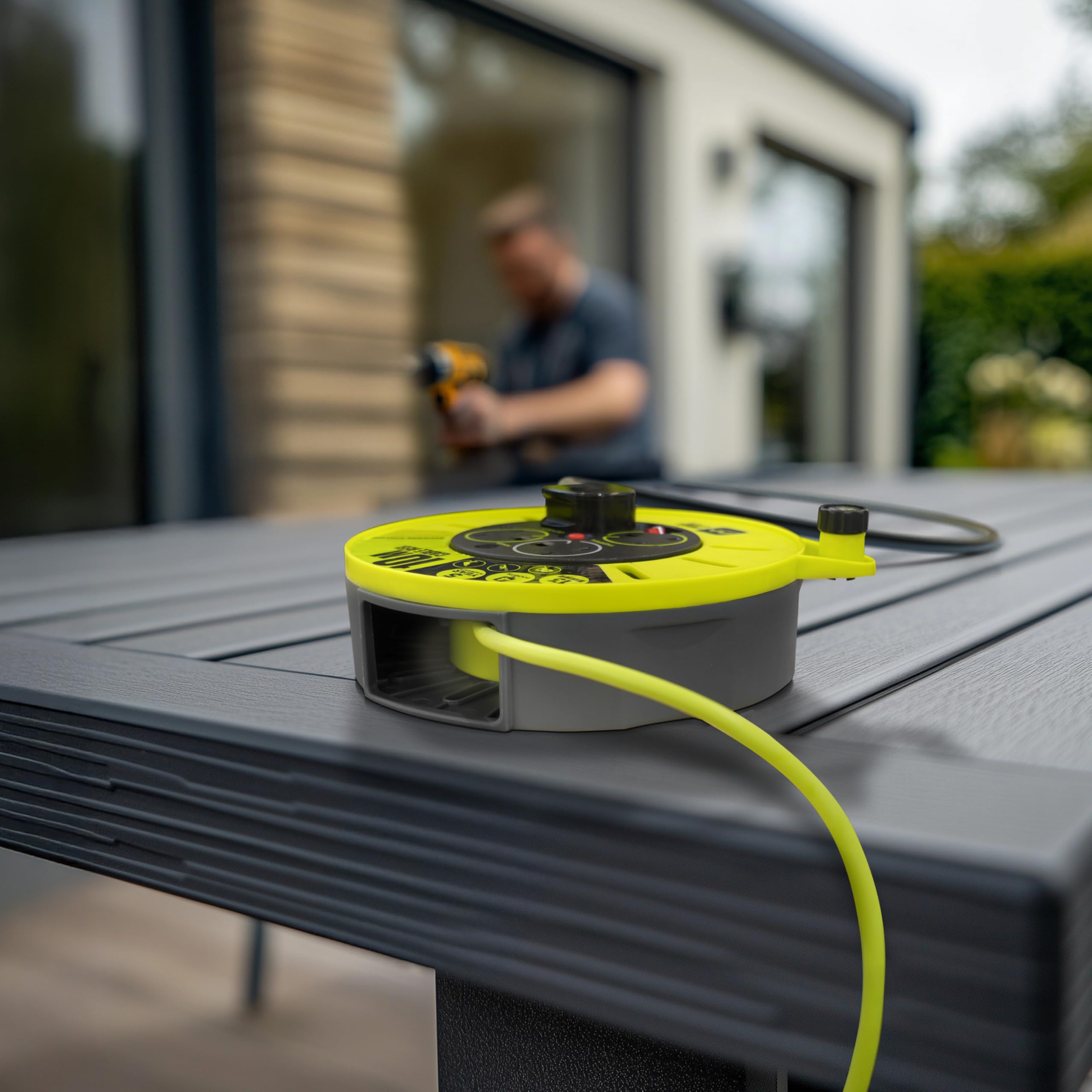 Masterplug Pro-XT Four Socket Open Cable Reel Extension Lead with Winding Handle, Thermal Cut Out and Power Switch, 25 Metres High Visibility Cable , Green