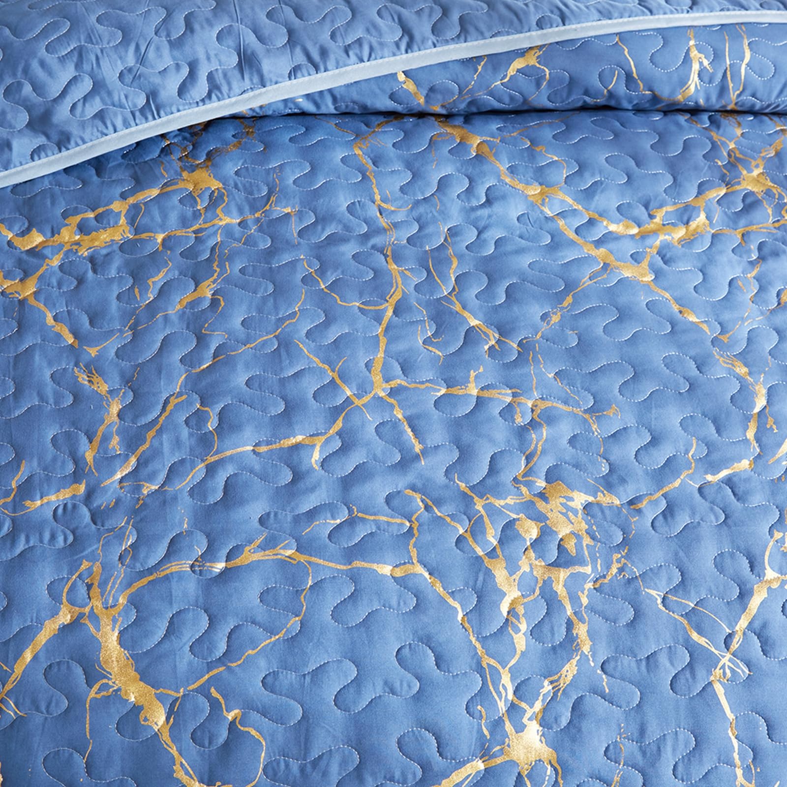HAVOP King Size Blue Quilted Bedspreads - Gold Marble Printed Luxury Soft Microfiber Coverlet All Season Bedding Set