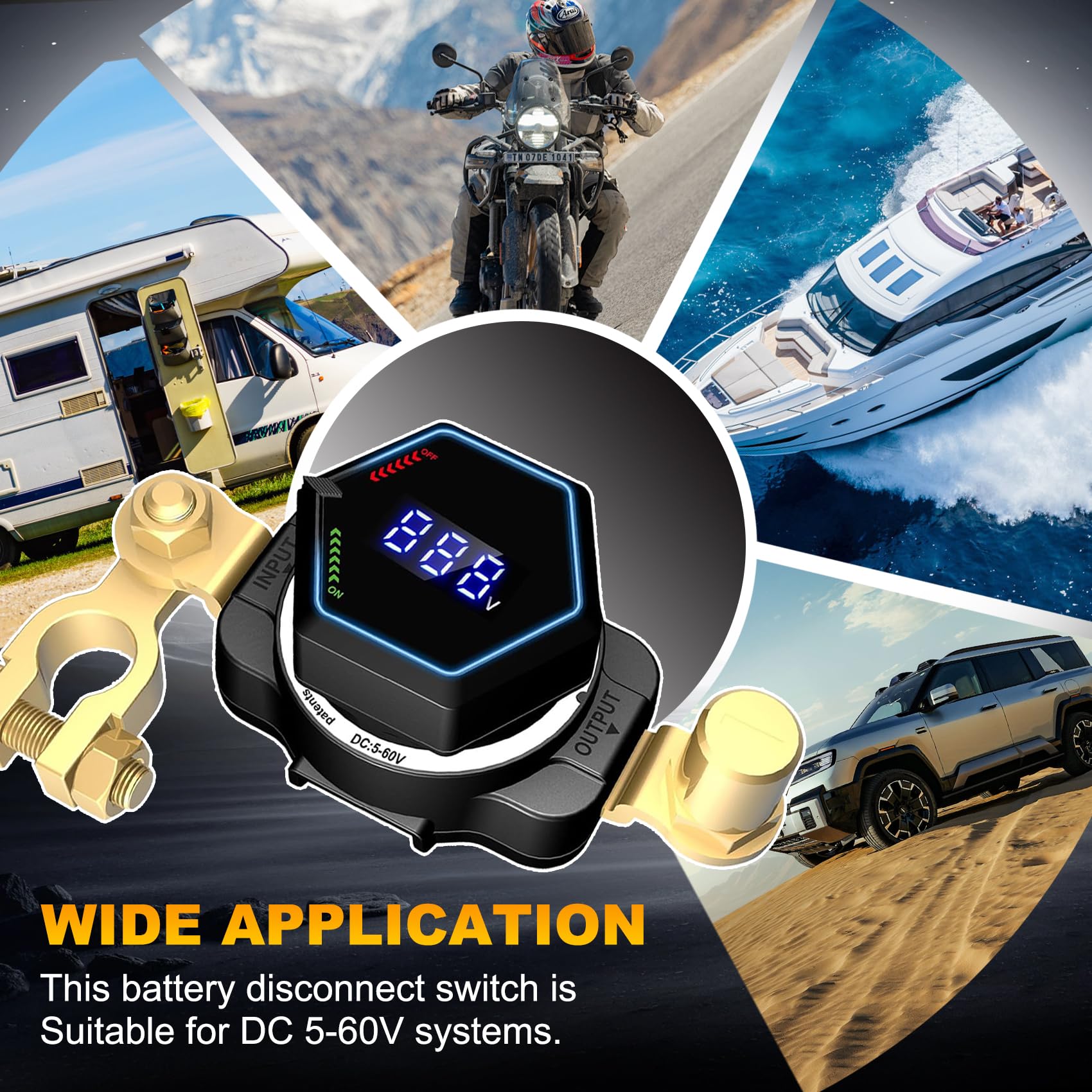 Top Post Battery Isolator Switch with Voltmeter, DC 5-60V Master Isolator On Off Kill Switch Power Cut/Shut Off Switch for Marine Boat RV Car Truck Camper Trailer