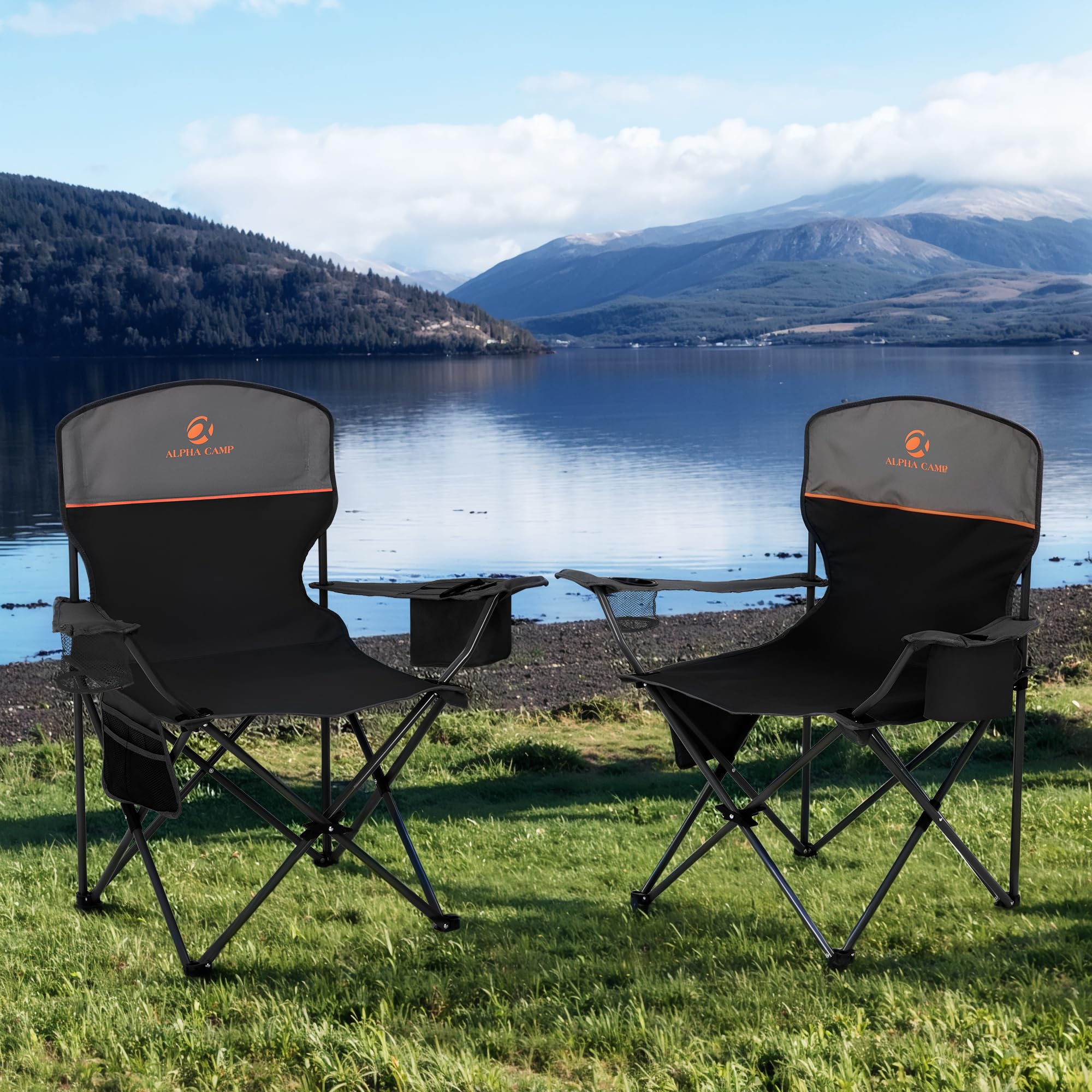 ALPHA CAMP Set of 2 Folding Camping Chairs with Cooler Bag & Cup Holder & Side Pocket Up to 120kg, Lightweight and Portable Camping Chair for Adults, Black