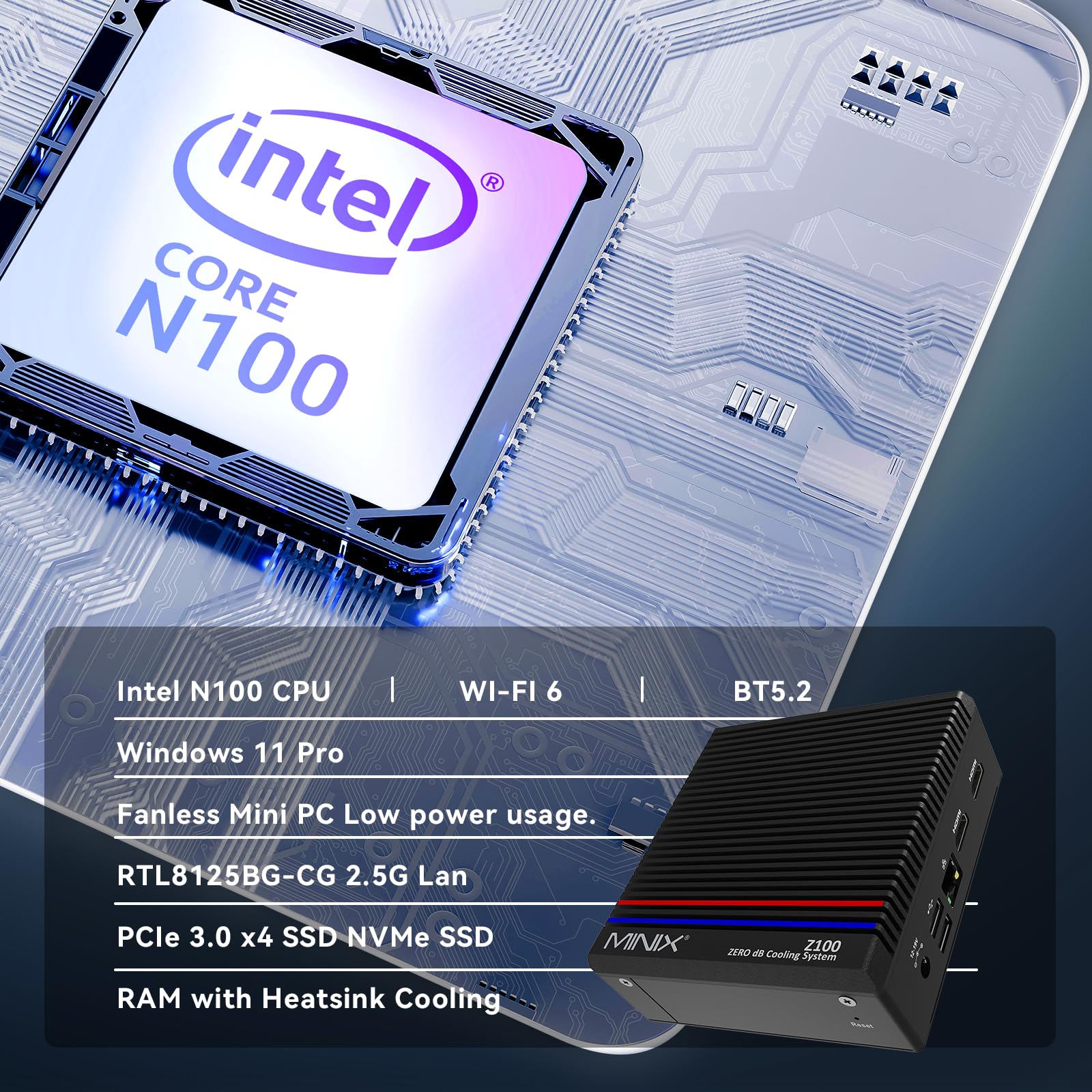 MINIX Fanless Windows 11 Pro Mini PC, Intel 12th Gen N300, NEO Z300-0dB 16GB DDR4, 512GB M.2 PCIe Gen3 x 4 SSD Micro Desktop Computer, 4K Dual Display/2.5G LAN, for Business Home office Multi-Tasking